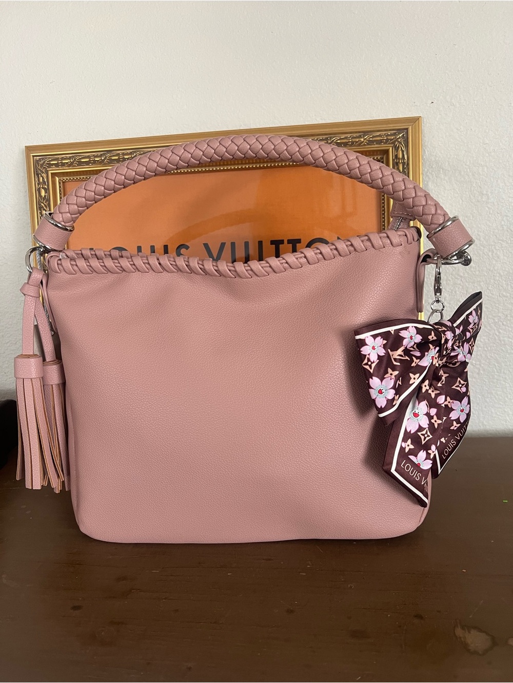 Blush Pink Braided-Handle Leather Shoulder Bag
